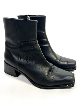 Topshop Black Leather Ankle Boots Square Toe Studded Chunky Heel EU 39 US 8-8.5